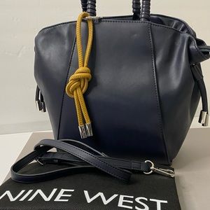 Brand New! Nine West Navy Blue Faux Leather Zip-Top drawstring handbag